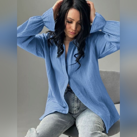 Textured Collared Neck Flounce Sleeve Button Down Shirt - Picture 3 of 6